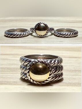 Vintage Designer FD Cable Twisted Sterling Silver & Gold Stacking Rings, Size 6